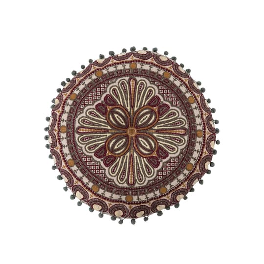 Hello Honey® Round Embroidered Cotton Pillow with Pom Pom Trim
